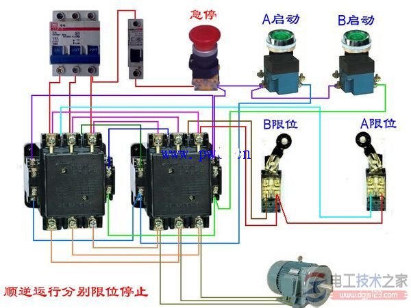 三相按钮开关接线图(顺逆运行限位停止)图例