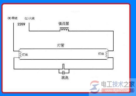 日光灯接线图一例(带补偿电容)