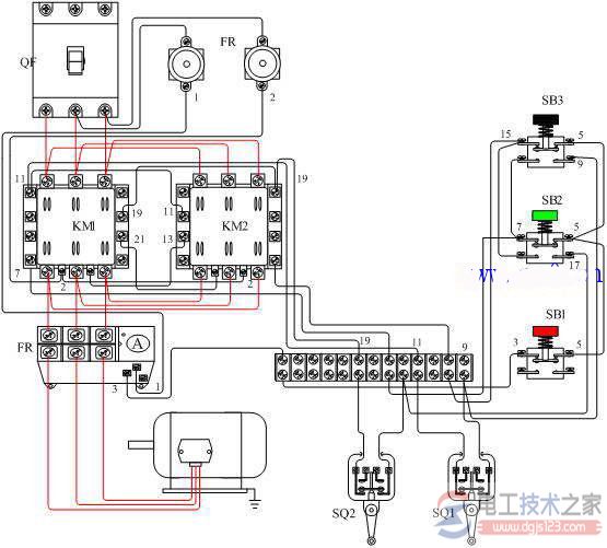 电动机接线图：电动机可逆带限位控制电路的实物接线图