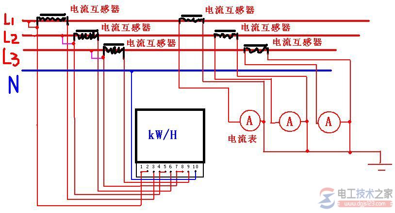 三相四线有功电能表的接线图(多电流互感器)