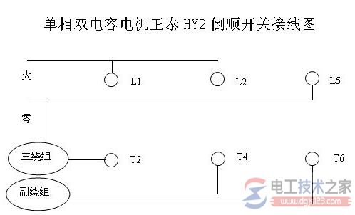 单相双电容电机正泰HY2倒顺开关接线图的说明