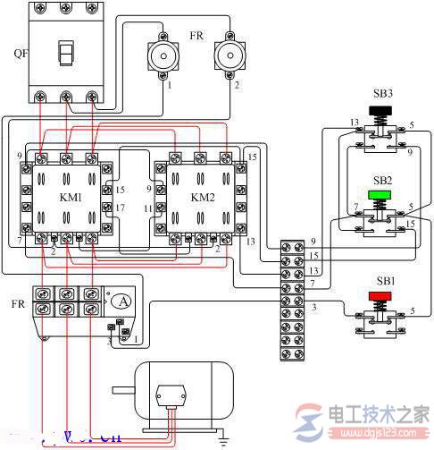 交流接触器操控电机正反转的实物接线图一例