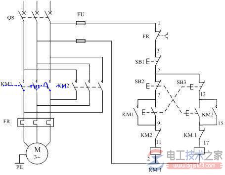 交流接触器操控电机正反转的实物接线图一例