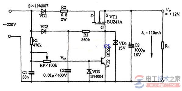 一例无变压器的开关电源电路图