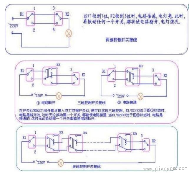 多地控制一盏灯电路图 看了就明白