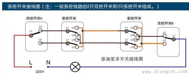 多地控制一盏灯电路图 看了就明白