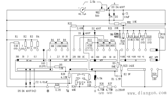 MF47指针式万用表的使用方法图解_万用表档位原理_万用表原理图