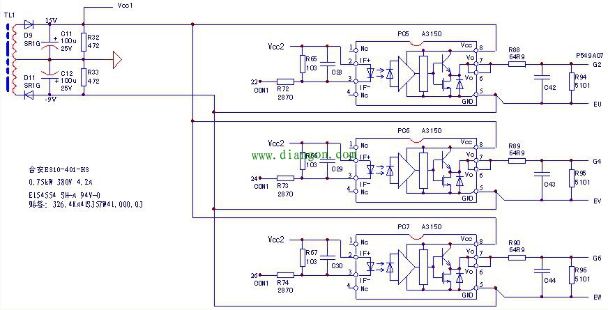台安E310-0.75kW变频器电源/驱动板电路 台安E310-0.75kW变频器电源/驱动板电路