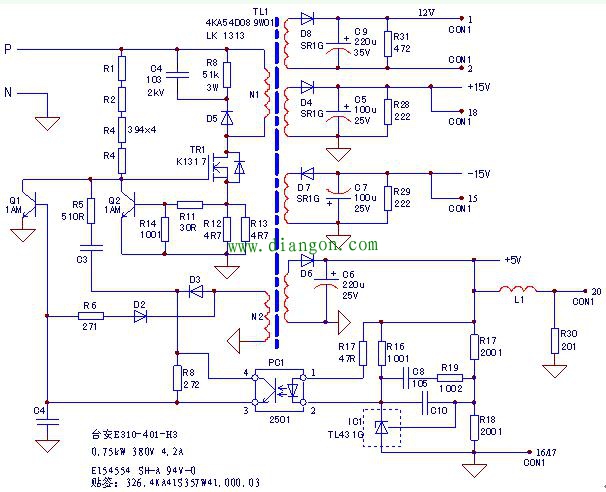 台安E310-0.75kW变频器电源/驱动板电路 台安E310-0.75kW变频器电源/驱动板电路