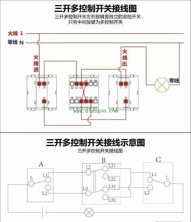 三开单控和三开双控的区别_三开多控开关接线图