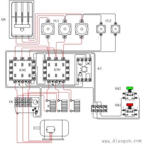 定子绕组中串接电阻降压起动电气原理和接线图