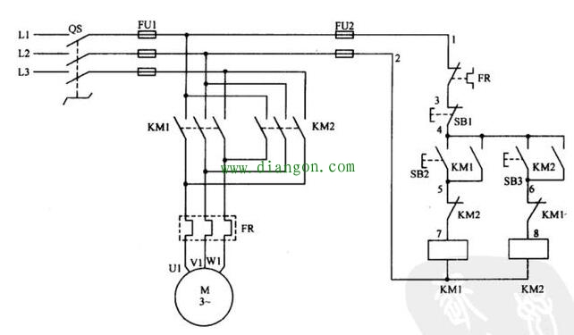 接触器互锁的三相异步电动机正反转控制线路原理图解 接触器互锁的三相异步电动机正反转控制线路原理图解