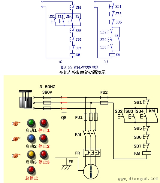 机床电机多地点控制线路图解