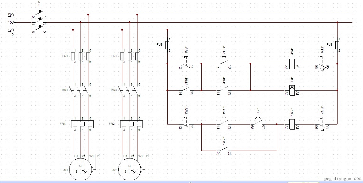 电动机顺序延时启动停止控制电路图分析