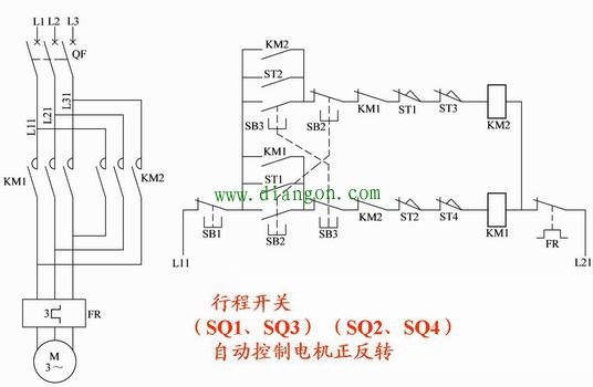 电动机正反转自动往复循环控制电路图原理图解