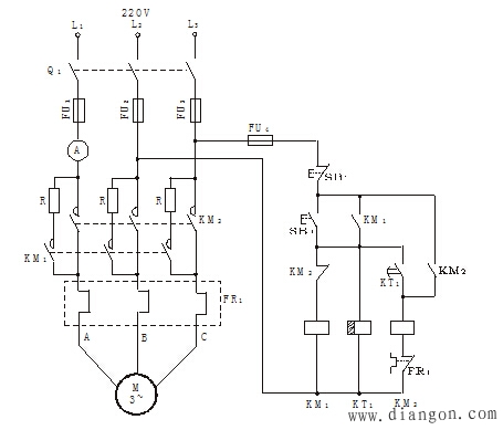 时间继电器控制串电阻降压起动控制线路图解