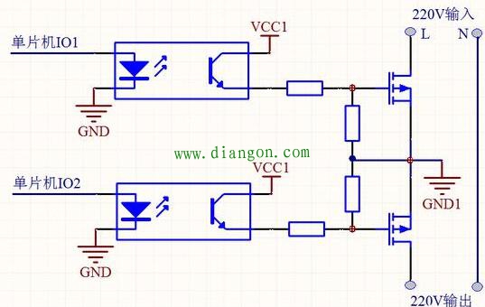 使用可控硅三极管MOS管的单片机控制220V交流电通断电路图解