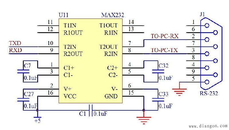串行RS232通信接口_MAX232转接图 串行RS232通信接口_MAX232转接图