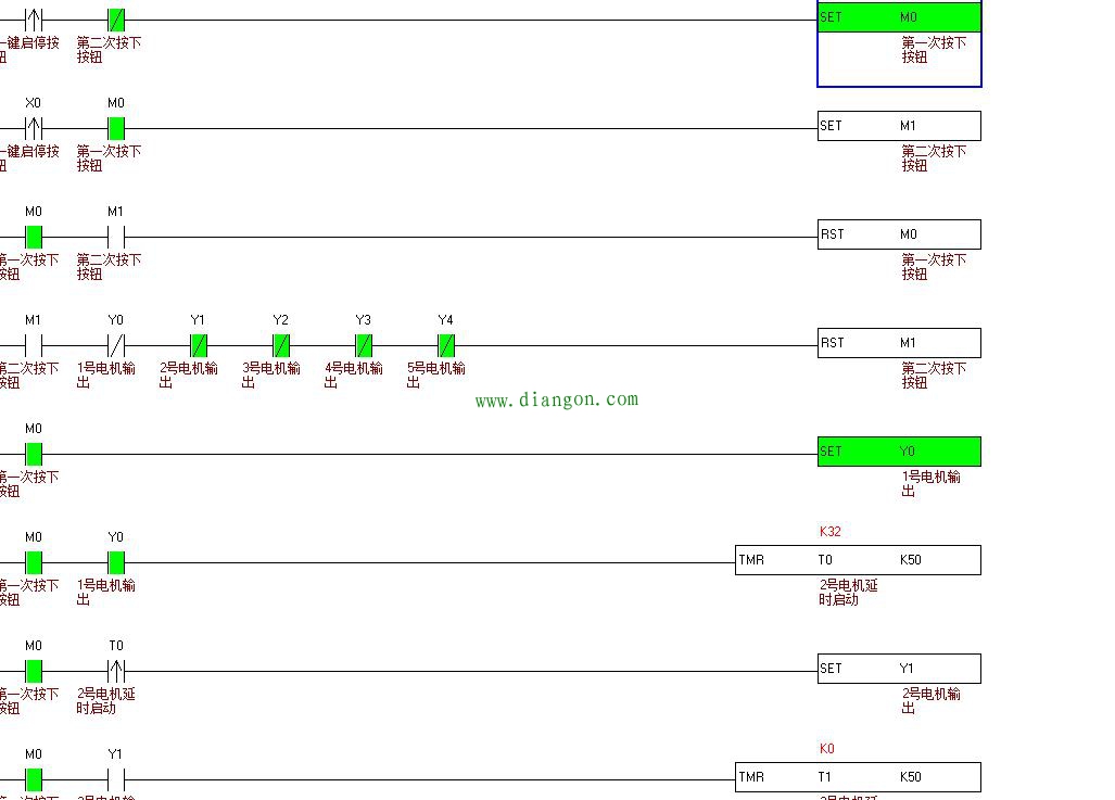 PLC一键启停顺序启动5个输出-逆停 PLC一键启停顺序启动5个输出-逆停