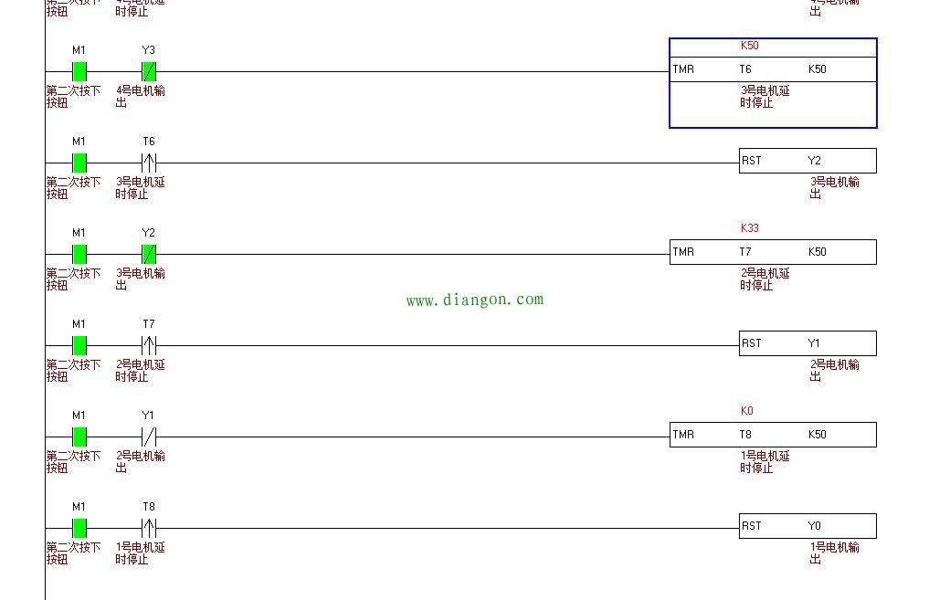 PLC一键启停顺序启动5个输出-逆停 PLC一键启停顺序启动5个输出-逆停