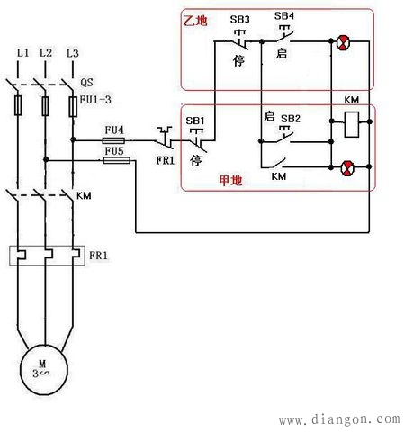 两地控制一台电动机原理图 两地控制一台电动机原理图
