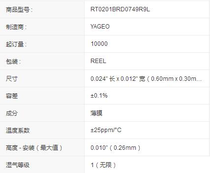 RT0201BRD0749R9L型号原装片式电阻规格参数产品数据整理