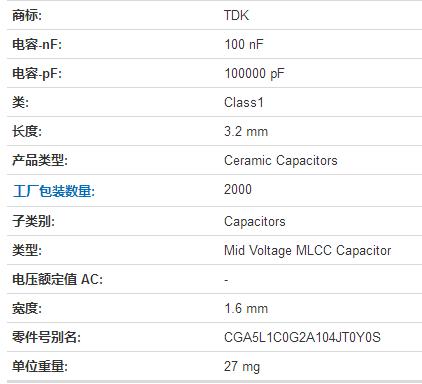 CGA5L1C0G2A104J160AE型号陶瓷电容规格参数产品数据资料介绍