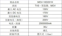 MOV-10D201K型号原装压敏电阻规格参数