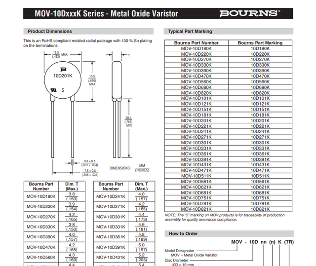 MOV-10D201K型号原装压敏电阻规格参数