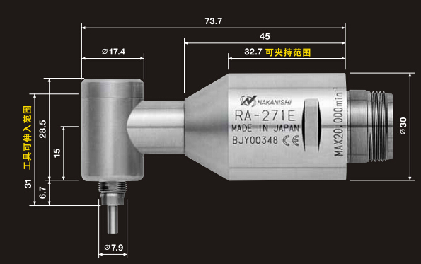 日本NAKANISHI 小型直角 高速电主轴 RA-271E