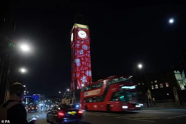 英国伦敦大本钟投影灯光秀彩排庆祝加冕礼