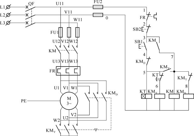 时间继电器自动控制星形-三角形（Y-D）降压启动线路