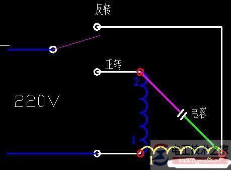 一例单相电机正反转的简单接线图