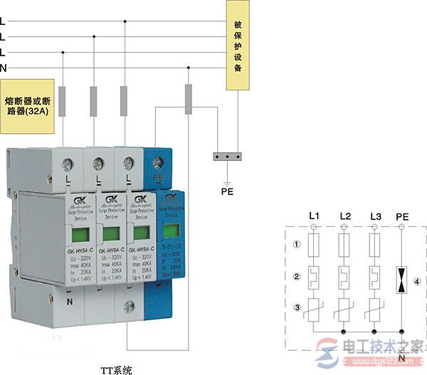 一例浪涌保护器的安装接线图