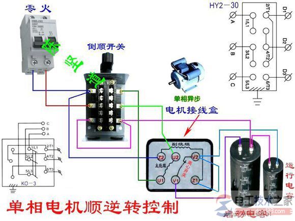 一例双电容单相电机正反转的接线图