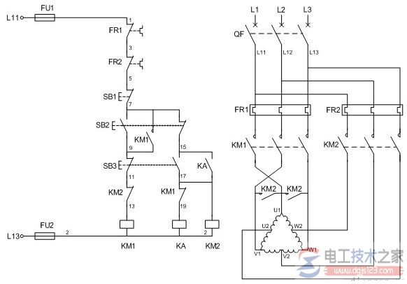 一例双速电动机控制电路附定子接线图