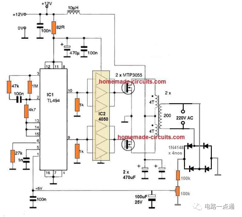 逆变器电路图分享 基于PWM IC TL494的逆变器电路设计