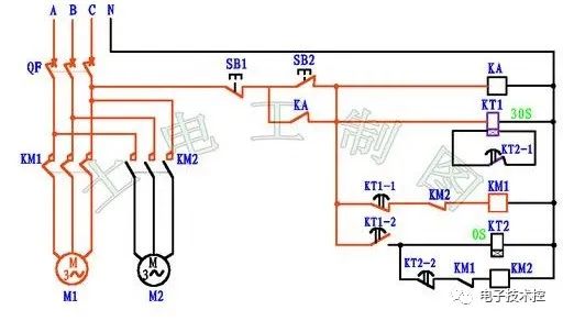 图解一个两台电机循环运行的电路