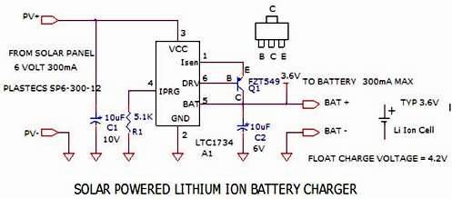 使用太阳能电池电源的锂离子电池充电器电路图