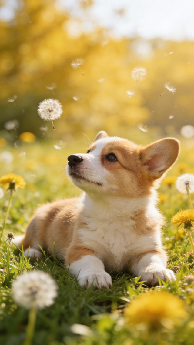 看到蒲公英的柯基