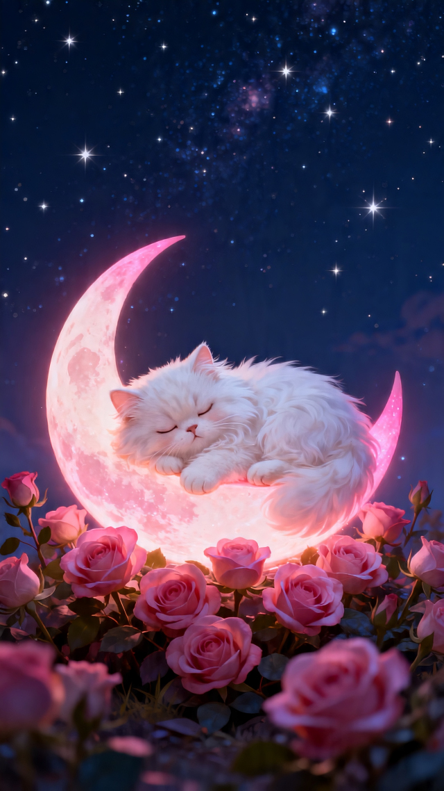 粉红月亮上的安睡猫